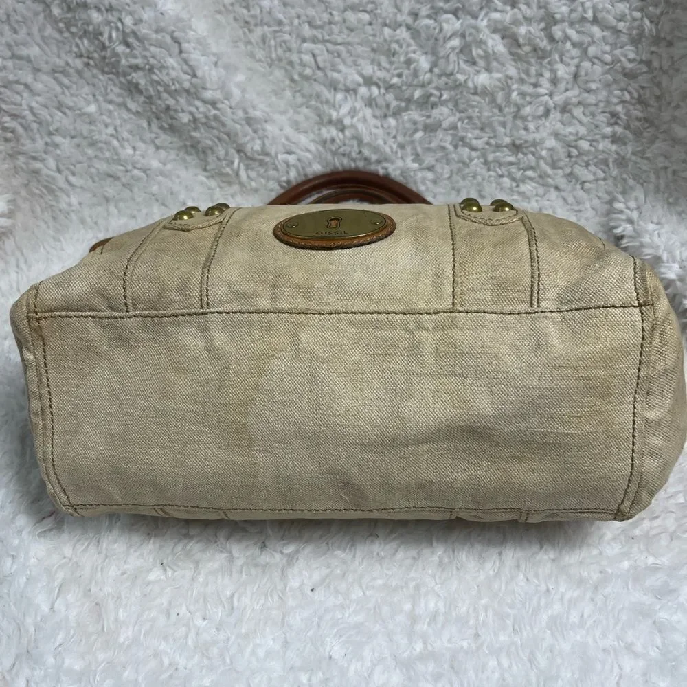 Fossil long live vintage khaki burlap Boston bag with leather tan straps .